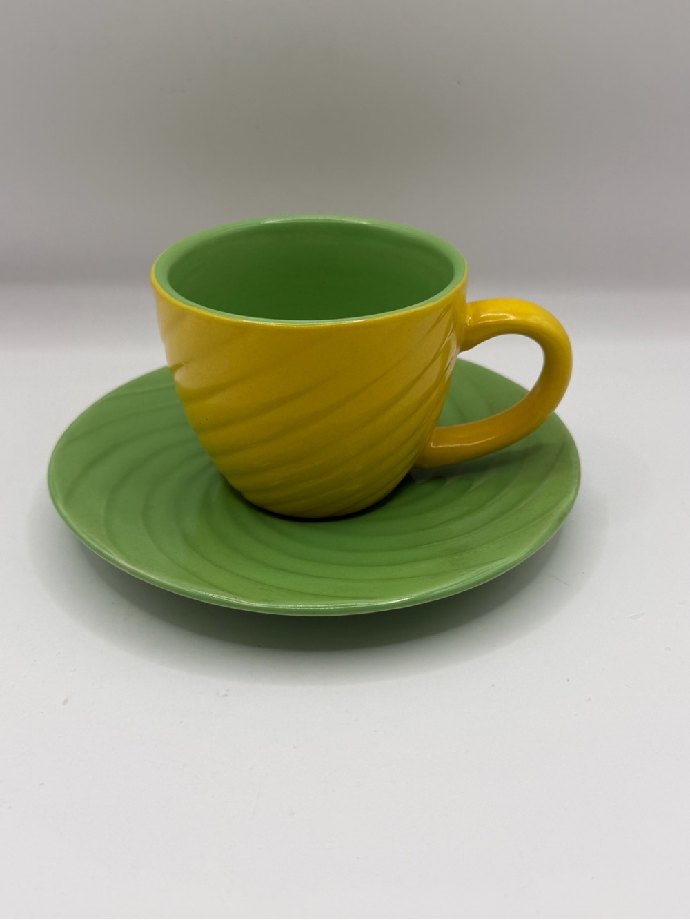 Vintage Ceramic Demitasse Size Teacup and Saucer Green and Yellow Swirl Patterns